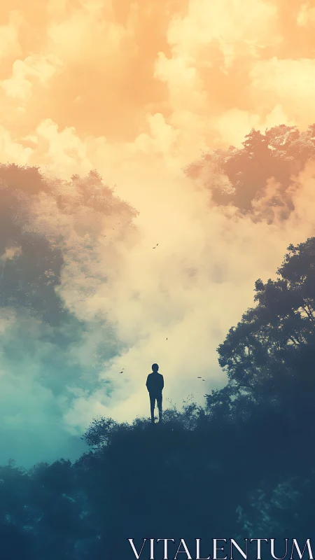 Atmospheric gradient vista with solitary human silhouette poised.