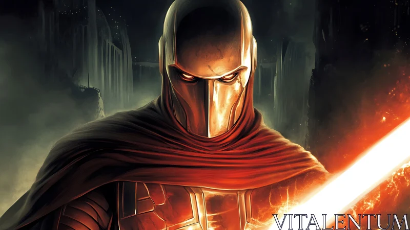 Armored sci-fi warrior with molten cape and plasma blade.