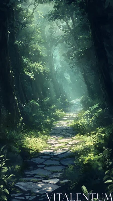 Ancient forest path beneath canopy with luminous mist