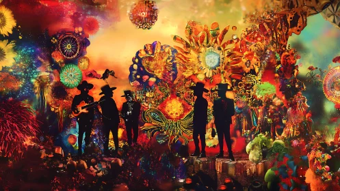 Midnight band wandering through a neon cosmic garden.