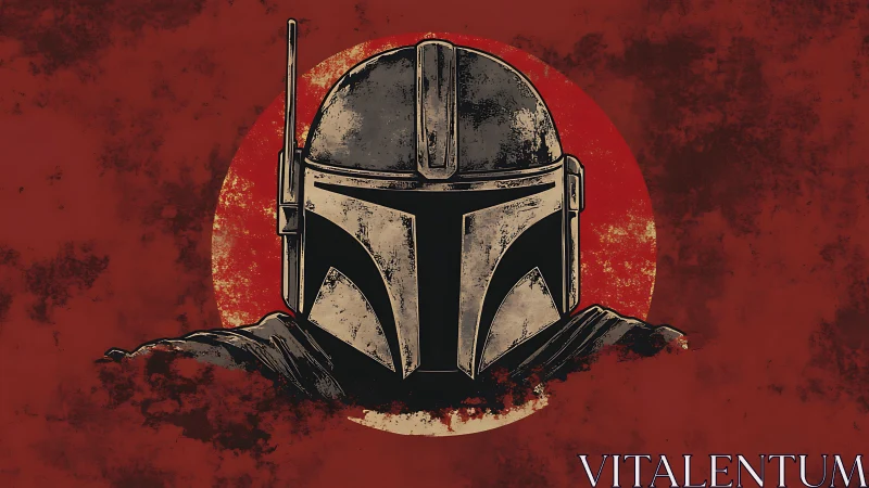 Stoic armored wanderer against a bold crimson sun.