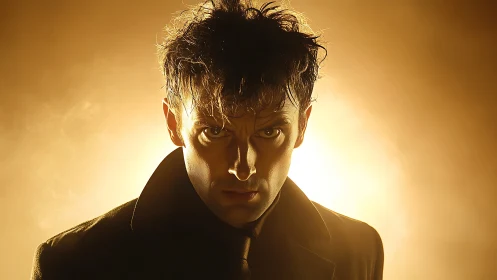 Intense backlit man stares through cinematic golden haze