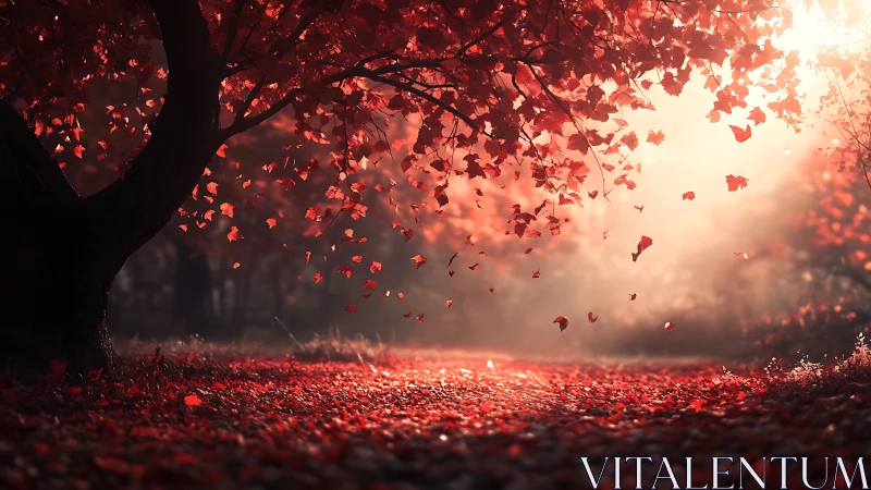 Gentle autumn path glowing under a canopy of red leaves.