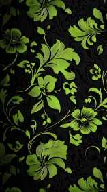 Lime green floral damask pattern printed on black woven fabric