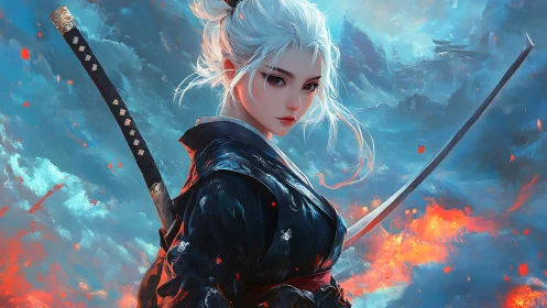 White-haired katana warrior stands amid burning storm clouds