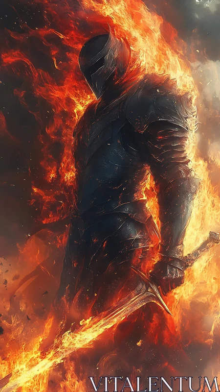 Inferno-clad knight stalks through storming curtains of fire