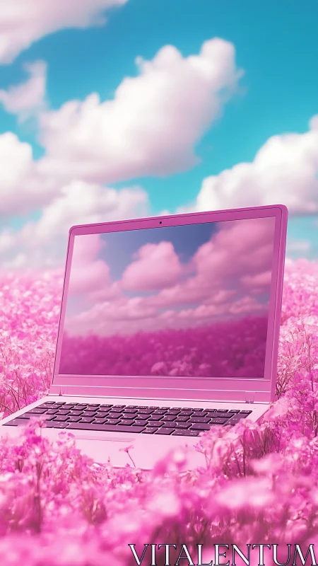 Cotton candy laptop dreaming in a neon pink flower cloud.
