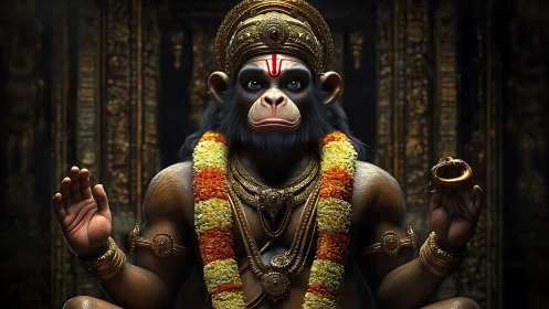 Regal simian deity glows in garlands and temple shadow.