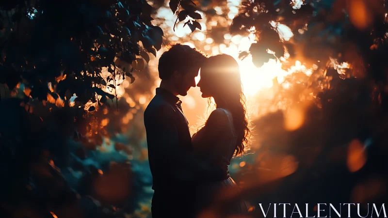 Couple Silhouetted in Golden Sunset Light Through Foliage