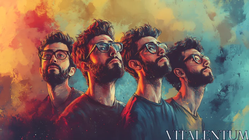 Multiple self-portraits in neon brushstrokes and dual tones.