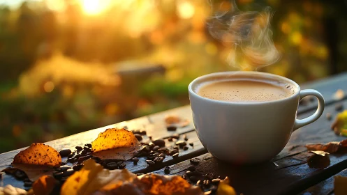 Steaming coffee at sunrise on leaf-strewn rustic table.