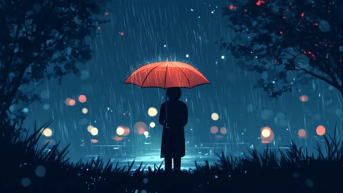 Silhouette under red umbrella beside neon lit rainy lake.