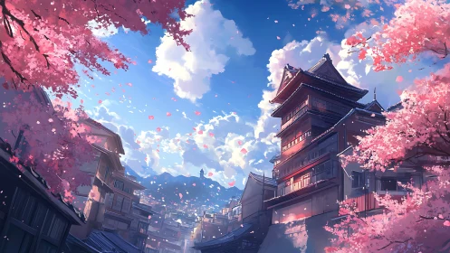 Springtime tower over cherry blossom-lined old town street.