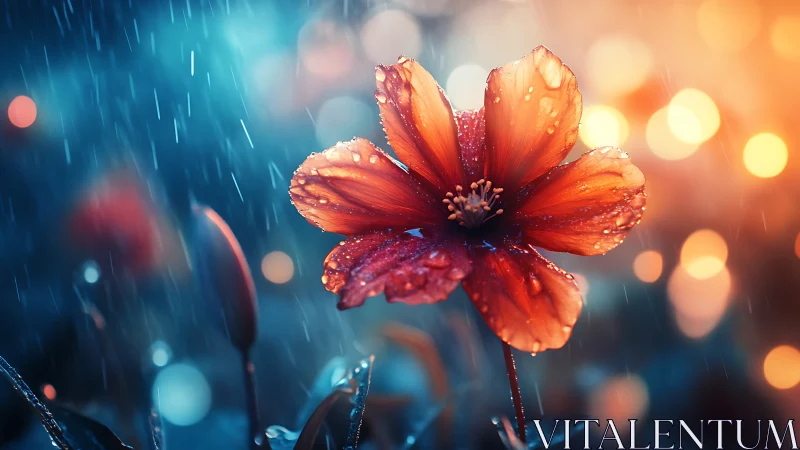 Red cosmos flower suspended in rainfall with bokeh lighting transition