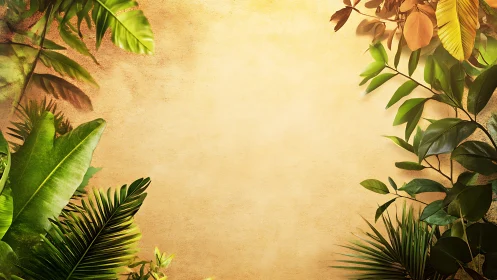 Tropical foliage frames warm textured parchment center.