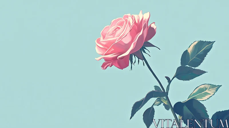 Pink Rose with Foliage Against Light Blue Background