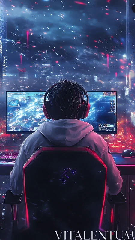 Rear gaming workstation view with dual screens at night.