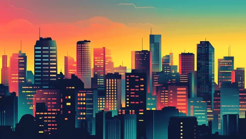 Neon dusk skyline where glass towers sip molten sunlight.