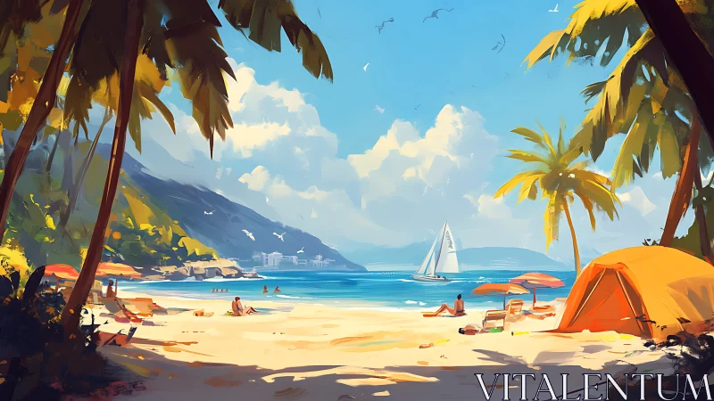 Tropical Beach Scene with Sailboat and Orange Tent