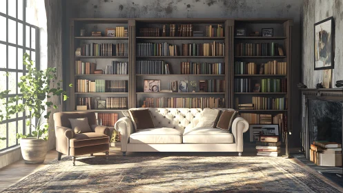 Sunlit classic library lounge with tufted sofa and bookshelves.