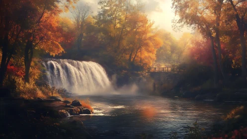 Autumn forest waterfall under soft golden sunrise light.