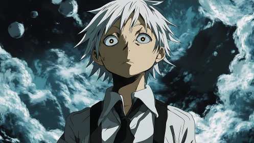 White-haired anime boy framed by stormy celestial clouds.