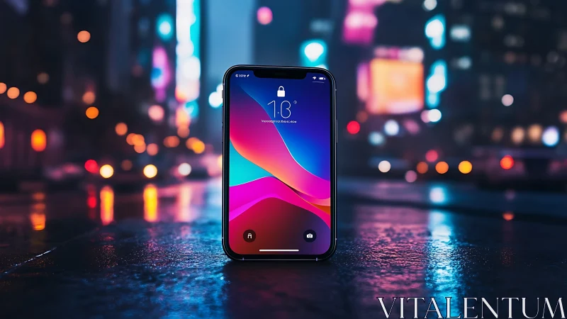 Neon smartphone closeup on glossy night city street.