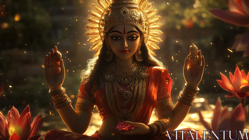 Digital Lakshmi deity portrait with lotus, backlit bokeh glow