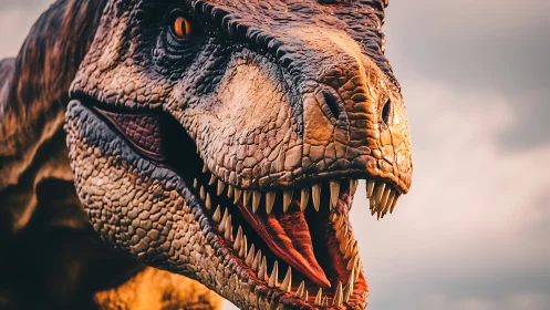 Roaring tyrannosaurus close‑up under dramatic sunset sky.