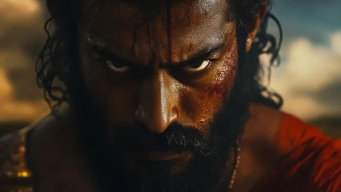 Intense bearded warrior stare in dramatic close-up portrait.