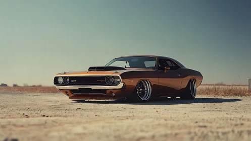 Sunlit muscle car prowls the open desert with low-slung pride.
