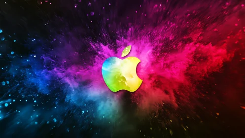 Bold apple silhouette glows amid exploding rainbow colors