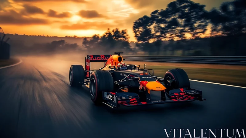 Aerodynamic Formula racer slicing through dusk misted circuit.