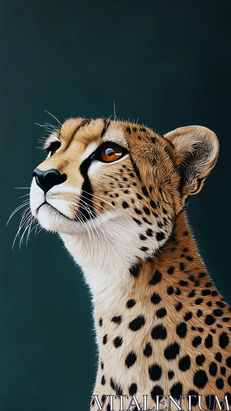 Cheetah portrait with upward gaze on dark green backdrop.