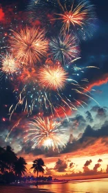 Fireworks illuminate tropical shoreline under layered evening sky