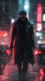 Midnight gunslinger stalks neon streets in falling snow.