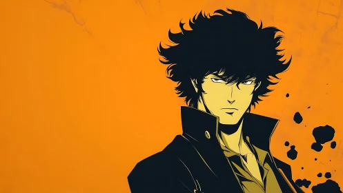 Stoic anime drifter dominates bold orange negative space.