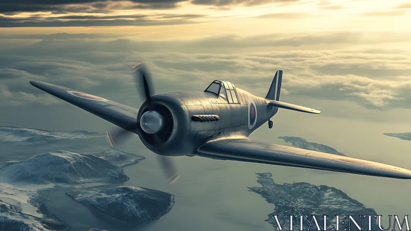 Vintage fighter plane glides above icy coastline at sunrise