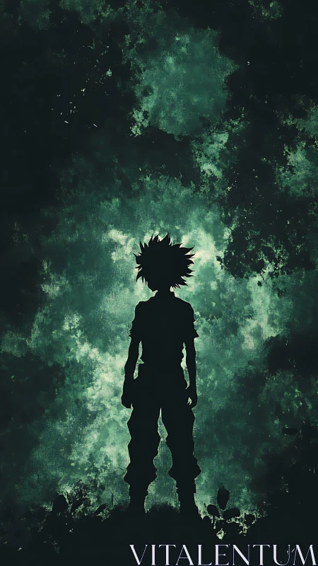 Silhouetted figure standing before dense green clouded sky.