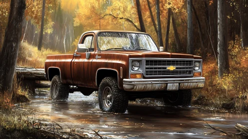 Vintage Chevy pickup crosses shallow autumn forest creek