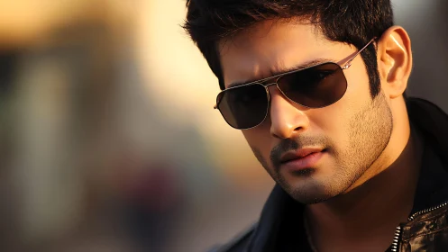 Close-cropped male portrait in warm bokeh, polarized shades