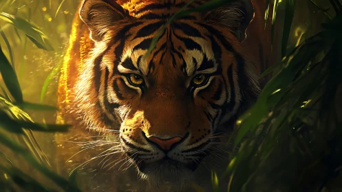 Stalking jungle tiger prowls through molten shafts of light.