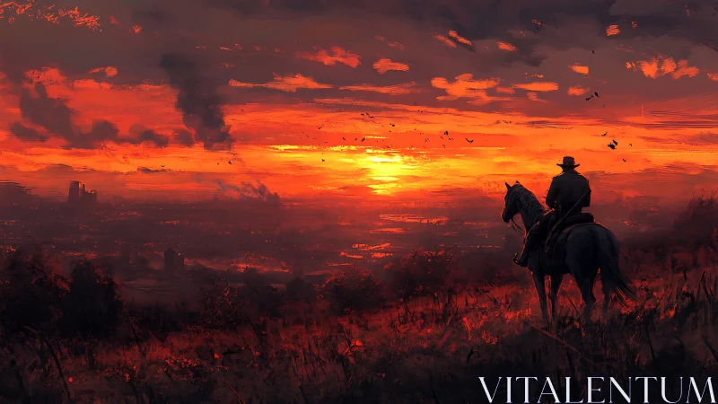 Lone rider observing red sunset over distant cityscape.