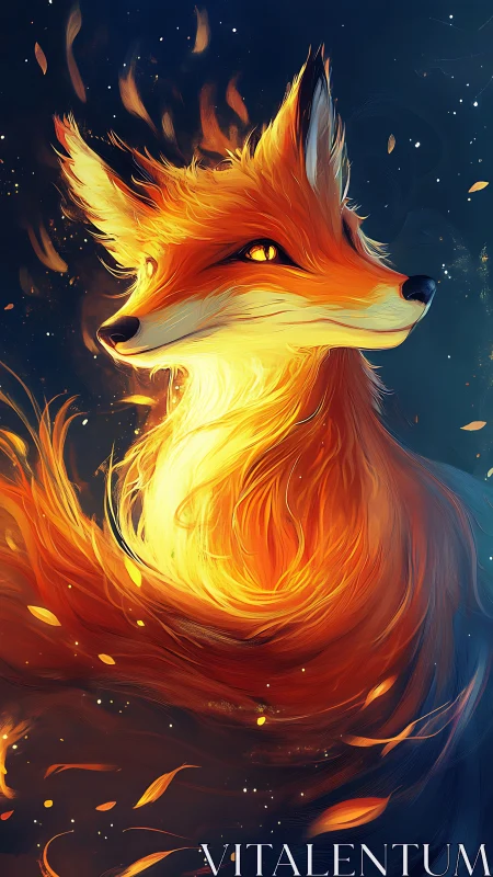 Fiery fox spirit swirling through embers at night sky.