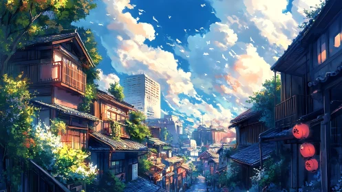 Sunlit traditional street opens onto a distant modern skyline