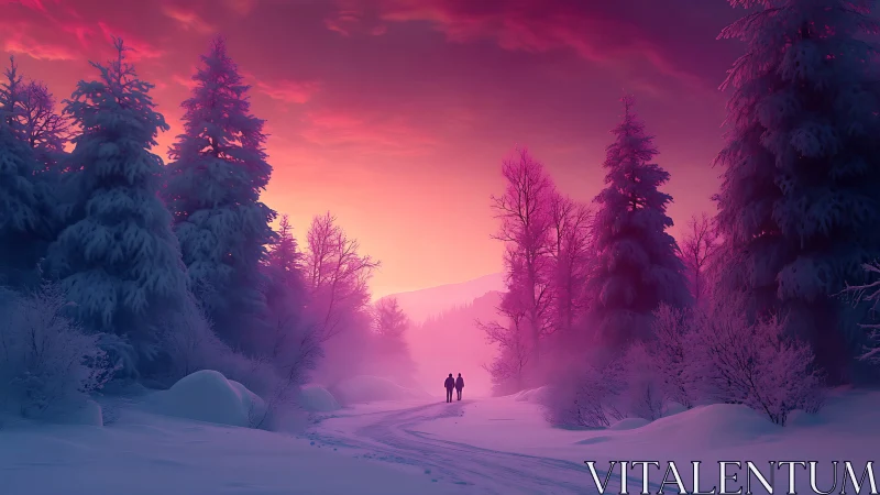 Chromatic winter corridor with silhouetted human dyad at dusk.
