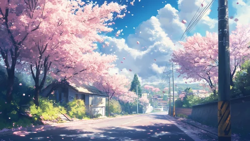 Cherry blossom road dreaming under cotton-sky clouds.