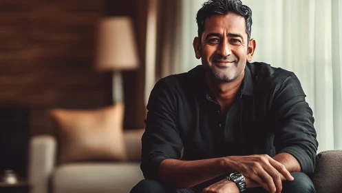 Photorealistic portrait in warm domestic interior lighting.