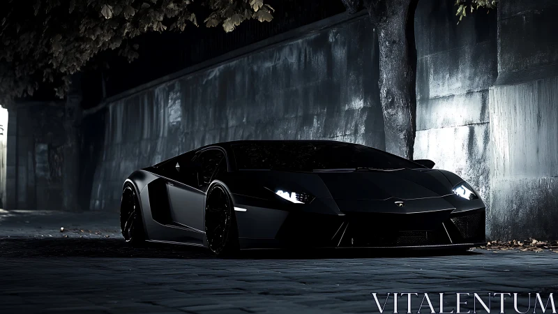Stealth black supercar poised beneath moody urban streetlight.