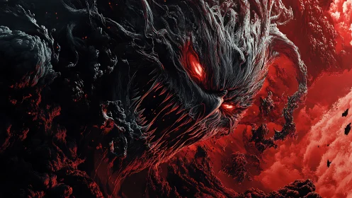 Grotesque fiery demon face emerging from erupting clouds.